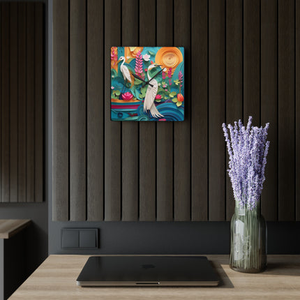 Elegant Egret Oasis Acrylic Wall Clock, Square