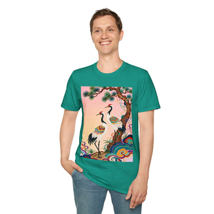 🐦🌸 The Enchanted Crane Garden Softstyle T-Shirt – Oriental Elegance & Colorful Harmony