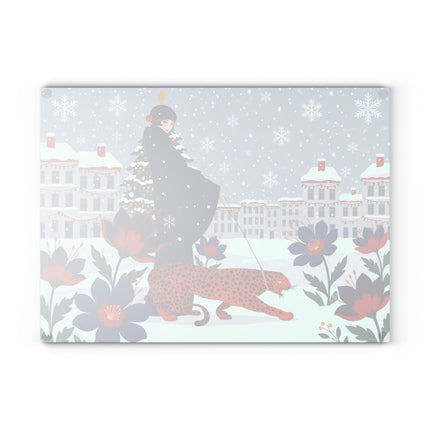 🐆❄️ The Lady And The Christmas Leopard Glass Cutting Board – Art Deco Winter Fantasy