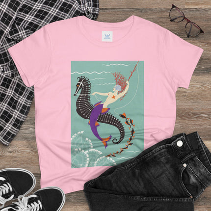 Mermaid on Seahorse Women's Midweight Cotton Tee – Dreamy Ocean Fantasy