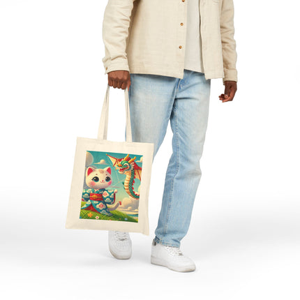 Geisha Kitten and the Dragon Kite Cotton Canvas Tote Bag – Joyful Flight & Dragon Spirit