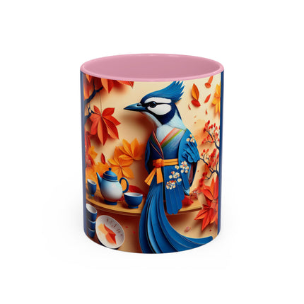 Blue Jay at an Autumn Tea Ceremony Colorful Mugs (11oz, 15oz)