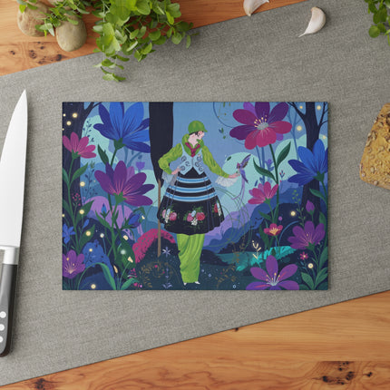 🌙🌸 The Lady Of The Firefly Garden Glass Cutting Board – Art Deco Midnight Floral Fantasy