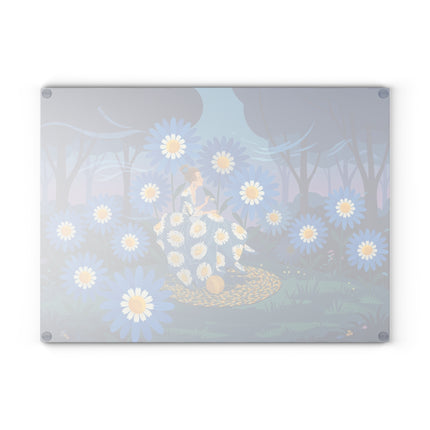 🌼🧶 The Lady Of The Blue Daisy Garden Glass Cutting Board – Art Deco Floral Elegance