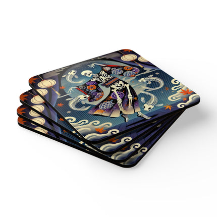Skeleton Kabuki Performer Corkwood Coaster Set