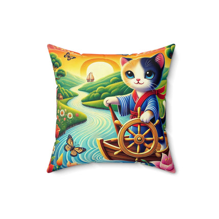 Sailor Kitten’s River Adventure Spun Polyester Square Pillow