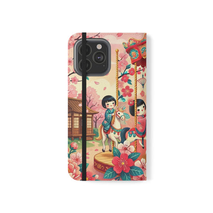 🎠🌸 Geisha Kitten's Enchanted Carousel Flip Case – Whimsical Dreams & Cherry Blossom Magic