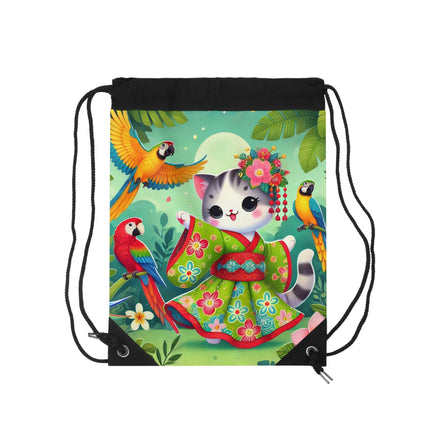 Parrot Dance of the Geisha Kitten Drawstring Bag
