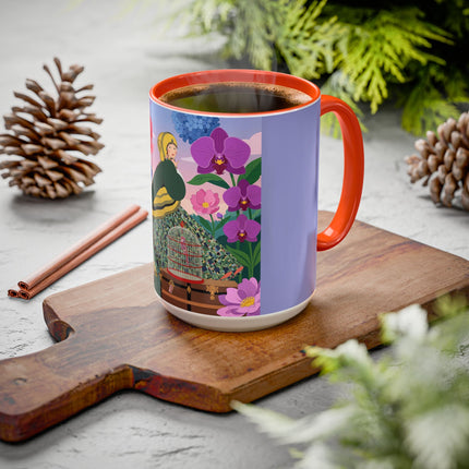The Lady And The Crimson Birdcage Colorful Mugs – Art Deco Tropical Garden Elegance