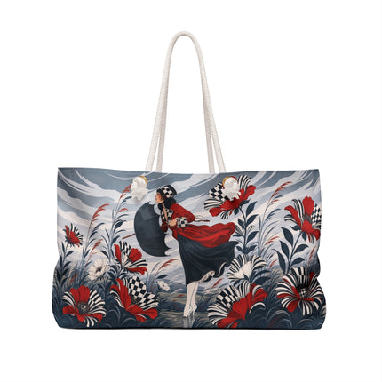 ☔🌹 The Scarlet Checkerboard Rainstorm Weekender Bag – Art Deco Floral Elegance
