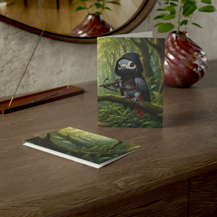 🦜🏹 The African Grey Forest Archer Greeting Card – Whimsical Animal Adventure