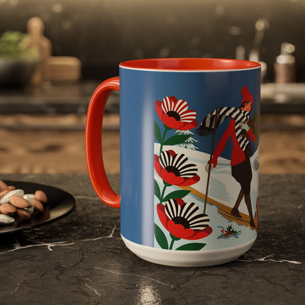 🎿🎄 The Christmas Holly Skier Colorful Mug – Whimsical Holiday Fantasy