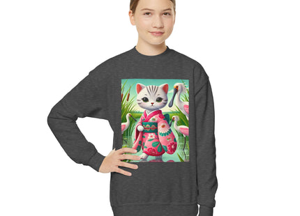 Geisha Kitten Strolls Among the Spoonbills Youth Crewneck Sweatshirt