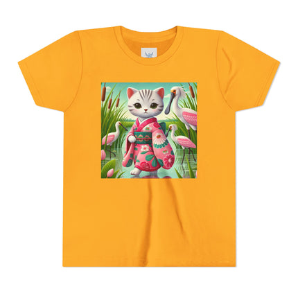 Geisha Kitten Strolls Among the Spoonbills Youth Short Sleeve Tee