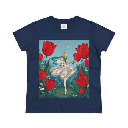 🌷🩰 The Scarlet Tulip Ballet Cotton Tee – Art Deco Floral Whimsy