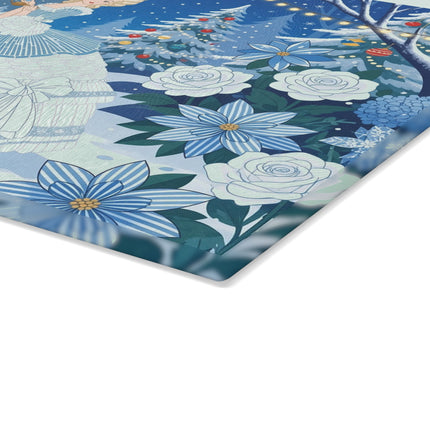 ❄️🌹 The Lady Of The Winter Rose Garden Glass Cutting Board – Art Deco Holiday Elegance