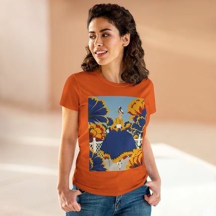 💙🌼 The Golden Petal Promenade Cotton Tee – Art Deco Floral Elegance
