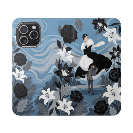 🖤🤍 The Lady Of The Black Rose Garden Flip Case – Art Deco Floral Elegance
