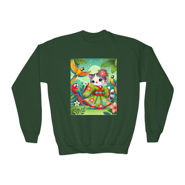 Parrot Dance of the Geisha Kitten Youth Crewneck Sweatshirt – Color, Rhythm & Joyful Expression