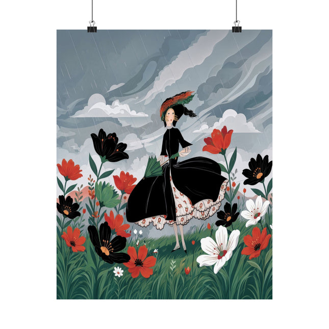 🌧️🌺 The Lady Of The Rainy Flower Meadow Matte Vertical Poster – Art Deco Floral Whimsy