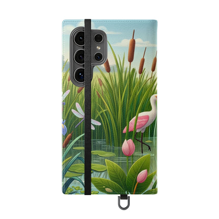 🦩🌸 Geisha Kitten Strolls Among the Spoonbills Flip Case – Serene Grace & Marshland Wonder