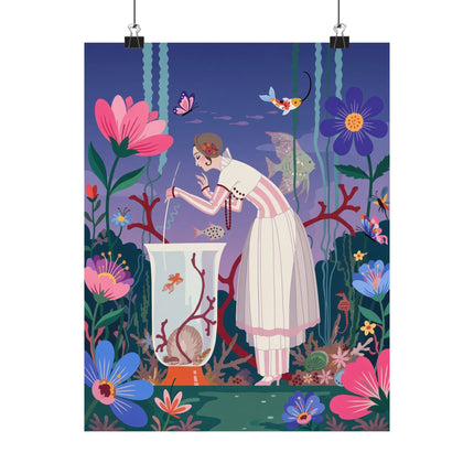🐠🌸 The Lady Of The Enchanted Aquarium Matte Vertical Poster – Art Deco Underwater Whimsy