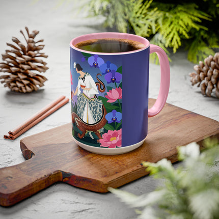 The Lady And The Garden Dragon Colorful Mugs – Art Deco Mythical Botanical Elegance