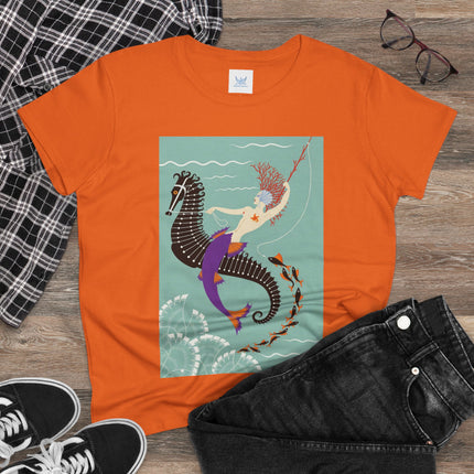 Mermaid on Seahorse Women's Midweight Cotton Tee – Dreamy Ocean Fantasy