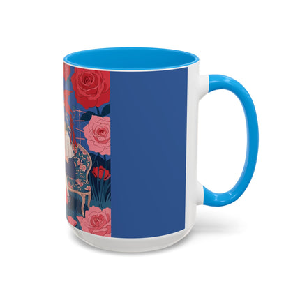The Lady And The Scarlet Macaw Colorful Mugs – Art Deco Floral Elegance