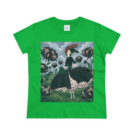 ❤️🌺 The Scarlet Parasol Garden Cotton Tee – Art Deco Floral Elegance