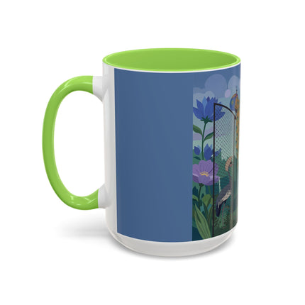 The Lady And The Enchanted Heron Colorful Mugs – Art Deco Botanical Elegance