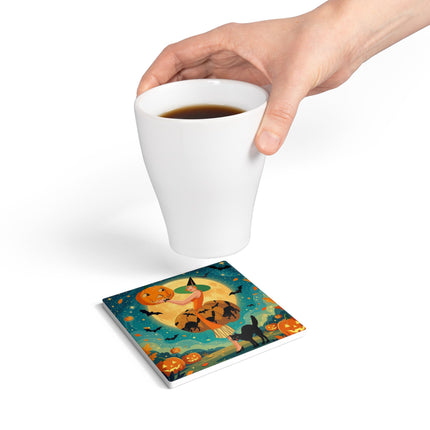 🦇🎃 The Witch Of Batwing Pumpkin Hollow Ceramic Coaster – Moonlit Halloween Charm