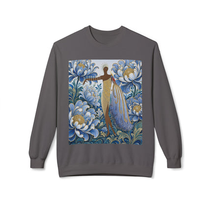 💙✨ The Lady Of The Gilded Blue Blossom Garden Midweight Crewneck Sweatshirt – Art Deco Floral Elegance