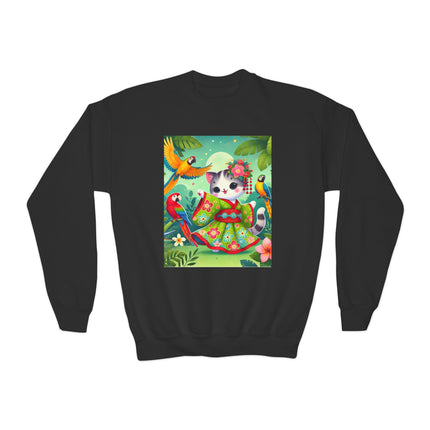 Parrot Dance of the Geisha Kitten Youth Crewneck Sweatshirt – Color, Rhythm & Joyful Expression