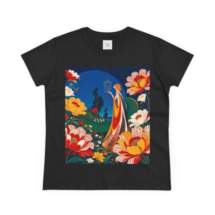 🌺🐦 The Enchanted Birdcage Garden Cotton Tee – Art Deco Floral Fantasy