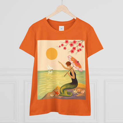 🧜‍♀️🌸 The Mermaid Beneath The Blossoms Cotton Tee – Art Deco Seaside Fantasy