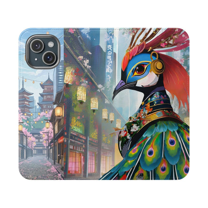 🦚🌸 Techno Plumes Peacock Flip Case – Neon Elegance & Sakura Dreams