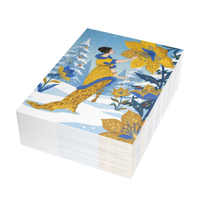 🌼❄️ The Lady Of The Golden Winter Blossom Greeting Card – Art Deco Holiday Elegance