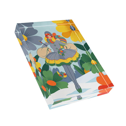 ❄️🌼 The Winter Flower Wanderer Acrylic Art Block – Colorful Art Deco Snow Fantasy