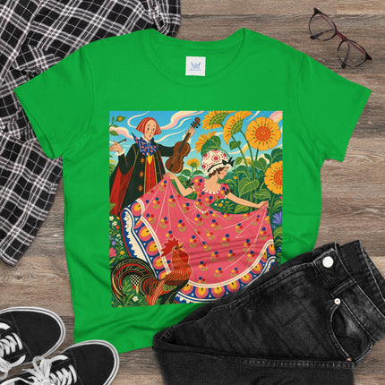 🎻🐓 The Garden Serenade Cotton Tee – Art Deco Folk Whimsy