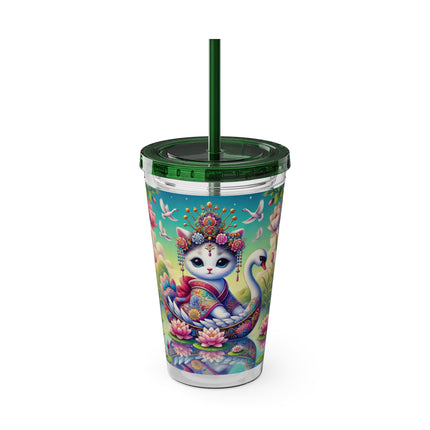 Geisha Kitten’s River Voyage Sunsplash Tumbler with Straw, 16oz