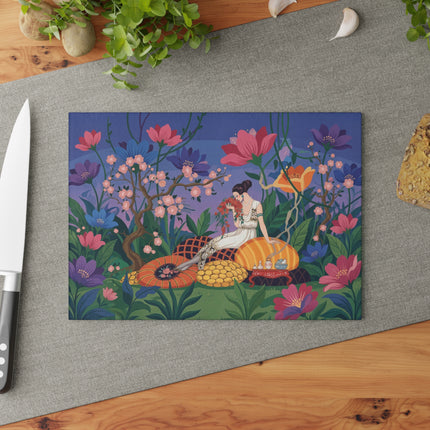 🌺🌙 The Lady Of The Midnight Blossom Garden Glass Cutting Board – Art Deco Floral Elegance