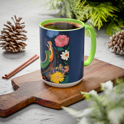 The Lady And The Crimson Moonbird Colorful Mugs – Art Deco Whimsical Garden Elegance