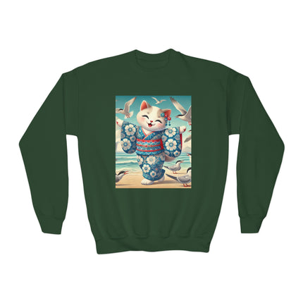 Geisha Kitten by the Seaside Youth Crewneck Sweatshirt – Coastal Charm, Joy & Whimsical Elegance