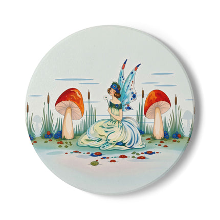 🧚🍄 The Fairy Of The Scarlet Mushrooms Ceramic Coaster – Art Deco Woodland Fantasy