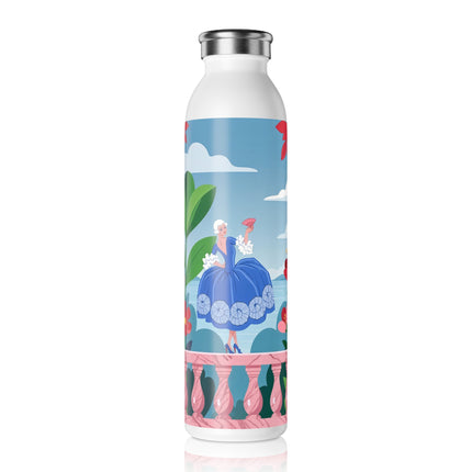 🌺🪭 The Lady Of The Grand Garden Terrace Slim Water Bottle – Art Deco Floral Elegance