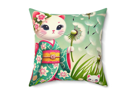 Geisha Kitten and the Dandelion Wish Spun Polyester Square Pillow