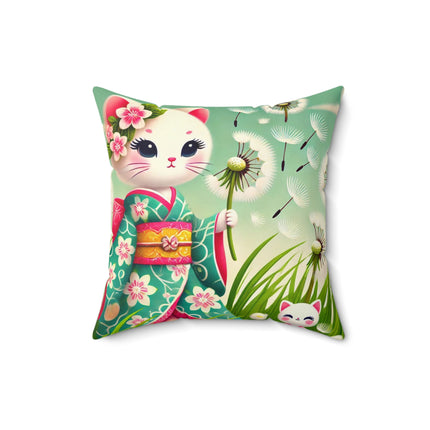 Geisha Kitten and the Dandelion Wish Spun Polyester Square Pillow