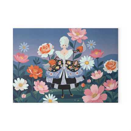 🌸🎀 The Lady Of The Grand Flower Garden Glass Cutting Board – Art Deco Floral Fashion Fantasy