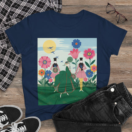 🌸🎩 The Lady Of The Giant Flower Garden Cotton Tee – Art Deco Floral Promenade